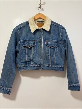 Levi's Cropped Sherpa Trucker Jacket Womens Medium Blue Fleece Hand Painted